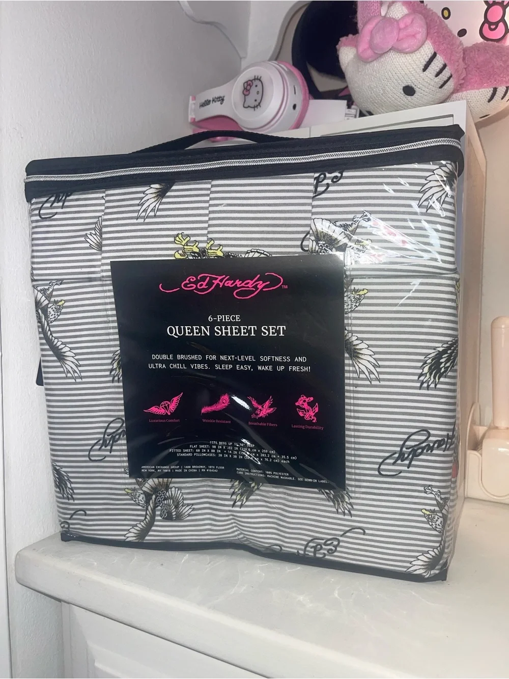 NWT Ed Hardy Queen Sheet Set - Gray Stripes with Tiger and Wings